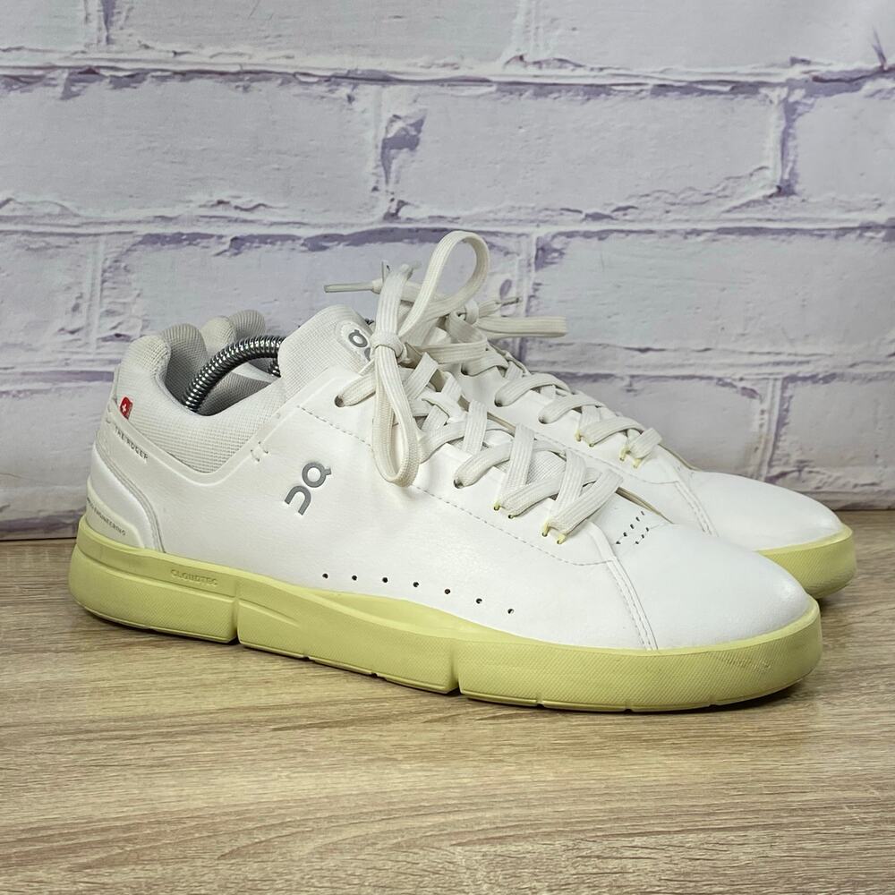 On Cloud The Roger Women's Size 11 White Yellow Tennis Shoes Leather Sneakers